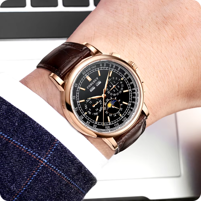 Men's automatic watch, rose gold dial, multifunction, leather strap, polished case, day, date, month