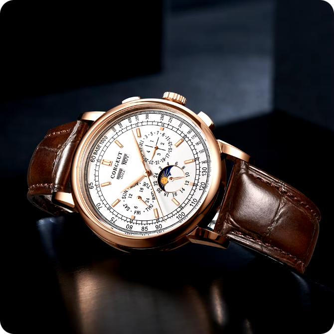 Men's automatic watch, rose gold dial, multifunction, leather strap, polished case, day, date, month
