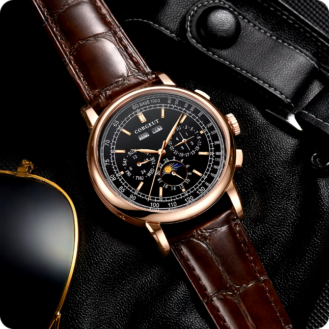 Men's automatic watch, rose gold dial, multifunction, leather strap, polished case, day, date, month