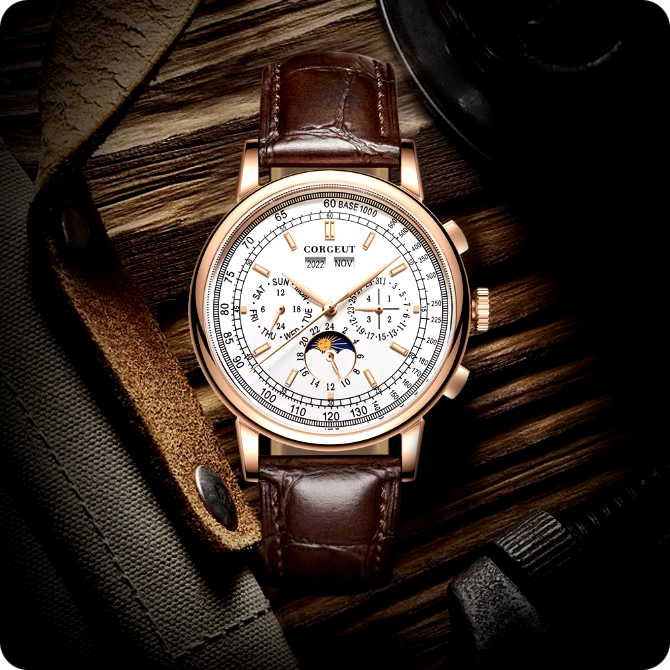 Men's automatic watch, rose gold dial, multifunction, leather strap, polished case, day, date, month