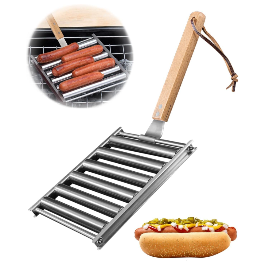 Hot Dog Roller, Sausage Roller for Grill, Stainless Steel BBQ Hot Dog Griller with Extra Long Wood Handle