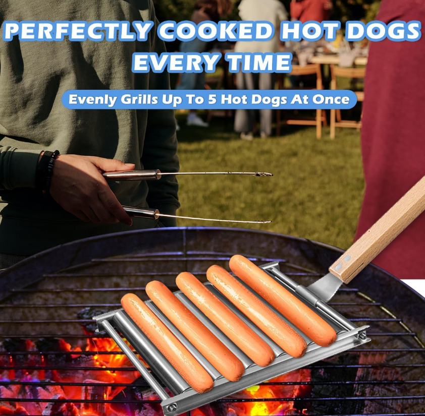 Hot Dog Roller, Sausage Roller for Grill, Stainless Steel BBQ Hot Dog Griller with Extra Long Wood Handle