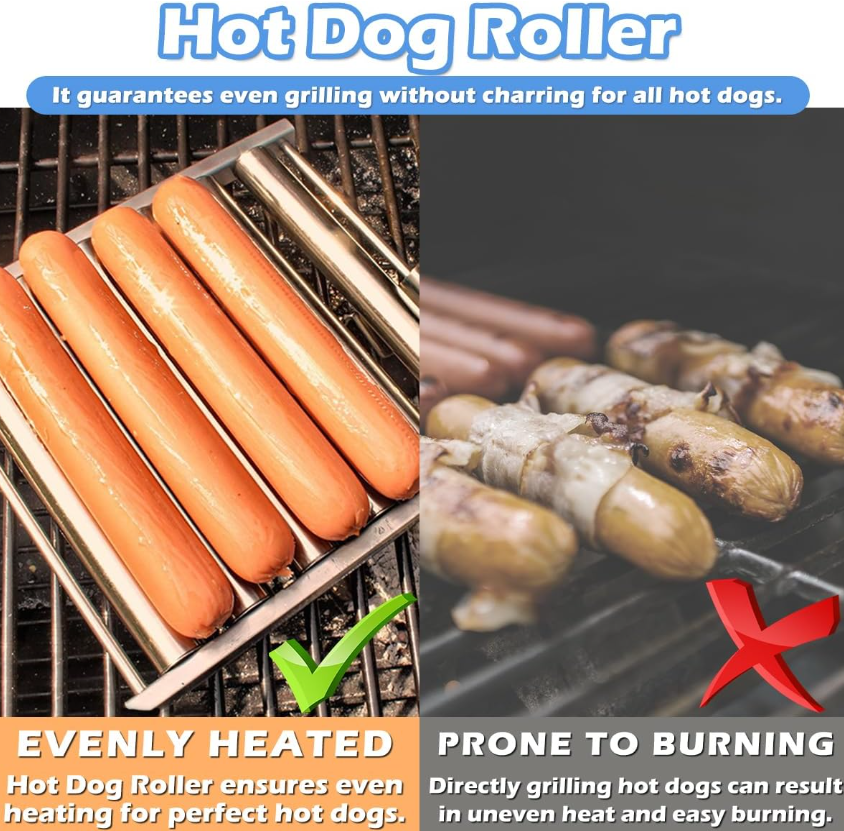 Hot Dog Roller, Sausage Roller for Grill, Stainless Steel BBQ Hot Dog Griller with Extra Long Wood Handle