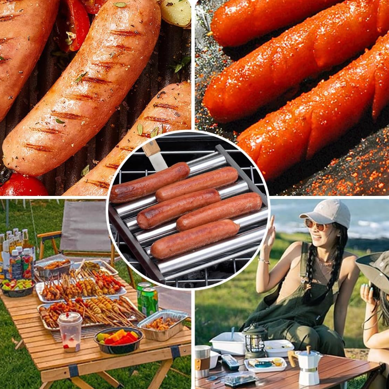 Hot Dog Roller, Sausage Roller for Grill, Stainless Steel BBQ Hot Dog Griller with Extra Long Wood Handle