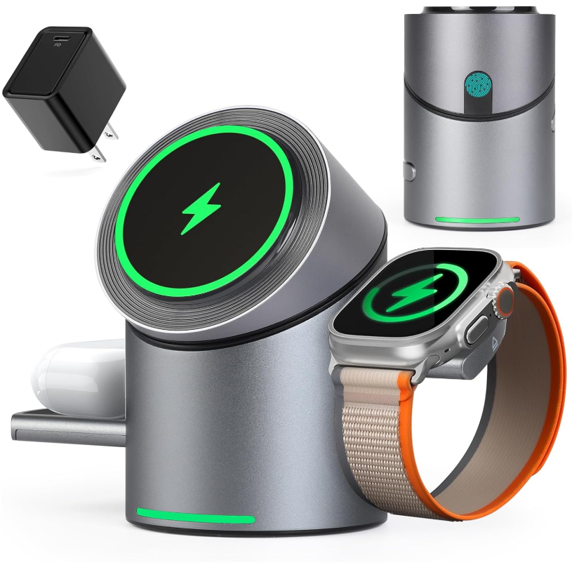3 in 1 Auto Rotation Wireless Charging Station for Apple Devices, Mag-Safe Wireless Charging Stand