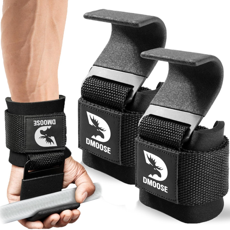 DMoose Fitness Weight Lifting Hooks for Men & Women (Pair) - 8 mm Thick Wrist Padding