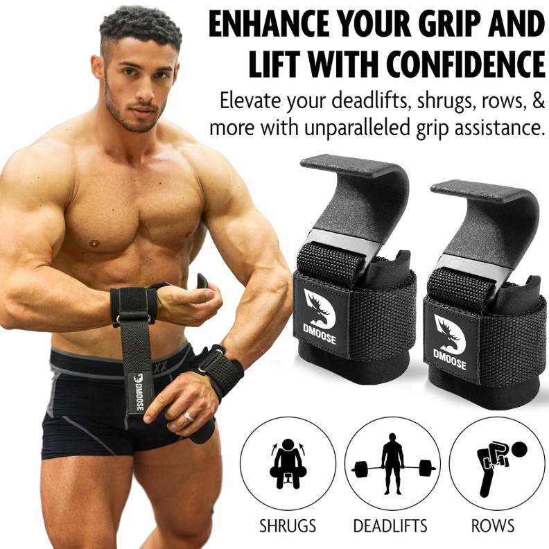 DMoose Fitness Weight Lifting Hooks for Men & Women (Pair) - 8 mm Thick Wrist Padding