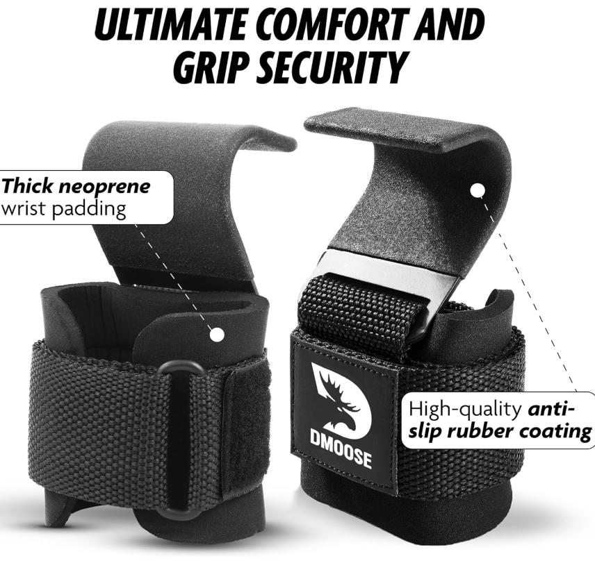 DMoose Fitness Weight Lifting Hooks for Men & Women (Pair) - 8 mm Thick Wrist Padding