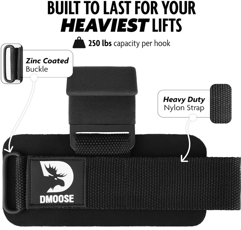 DMoose Fitness Weight Lifting Hooks for Men & Women (Pair) - 8 mm Thick Wrist Padding