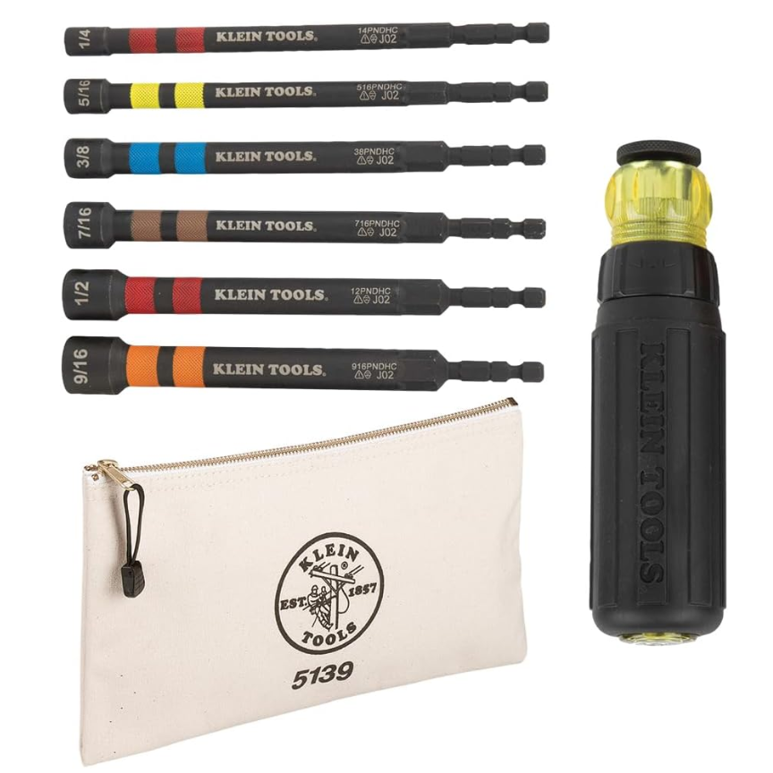 Klein Tools 80182 Ratcheting Impact-Rated Hollow Power Nut Driver Set with Handle