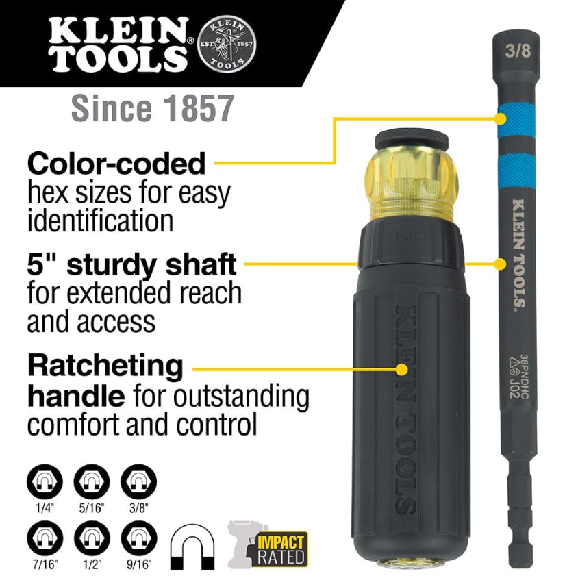 Klein Tools 80182 Ratcheting Impact-Rated Hollow Power Nut Driver Set with Handle