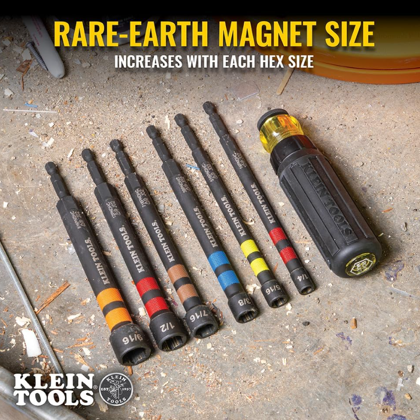 Klein Tools 80182 Ratcheting Impact-Rated Hollow Power Nut Driver Set with Handle