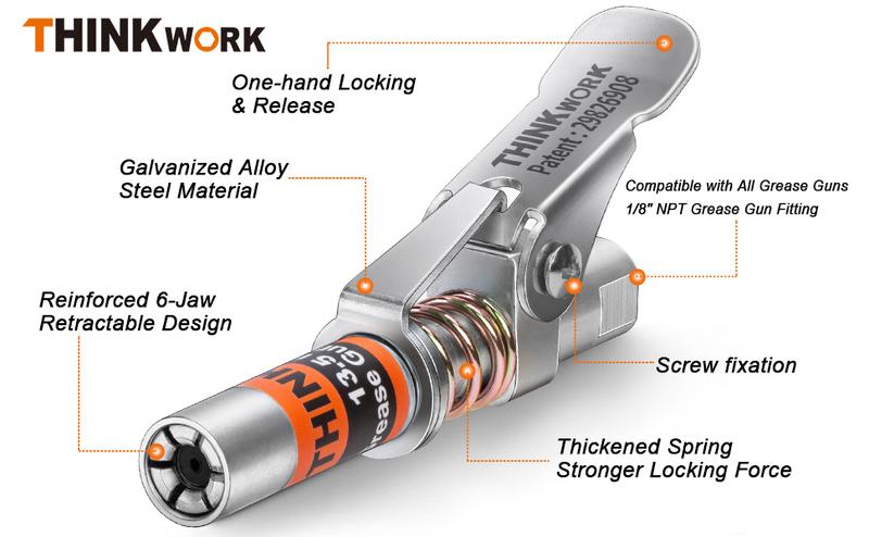 Product Introduction of 【Mother's Day】THINKWORK Grease Machine Coupler Set, Strong Lock on Greases Machine Couplers with 90&deg; Grease Coupler Adaptor,12000 PSI Quick Release Grease Coupler Compatible with All Grease 1/8" NPT Grease Fitting 6