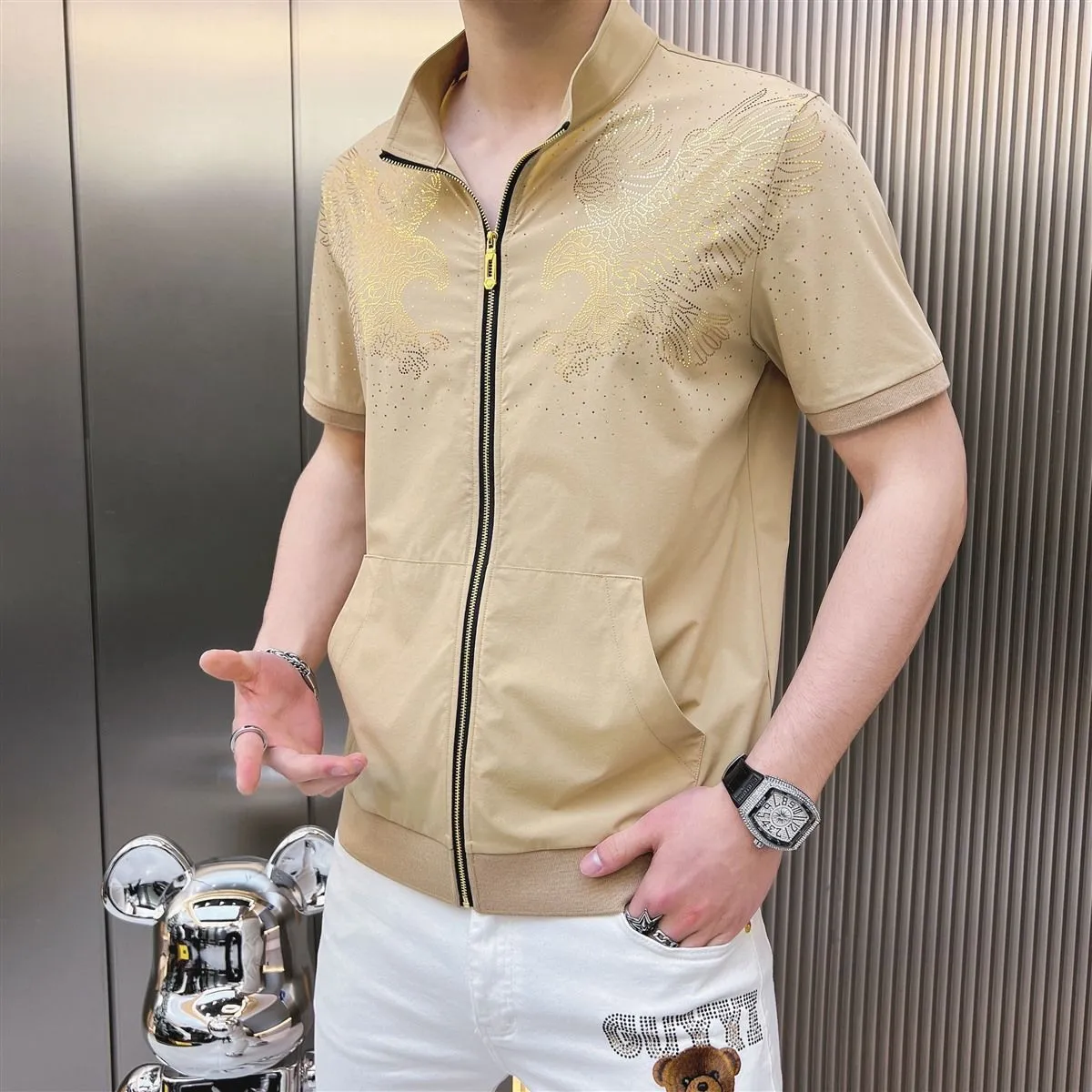 New 2025 new style stand collar cardigan printed men's short sleeve