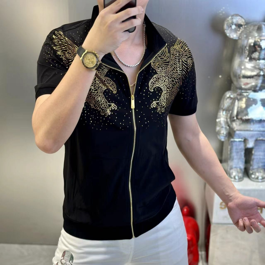 New 2025 new style stand collar cardigan printed men's short sleeve