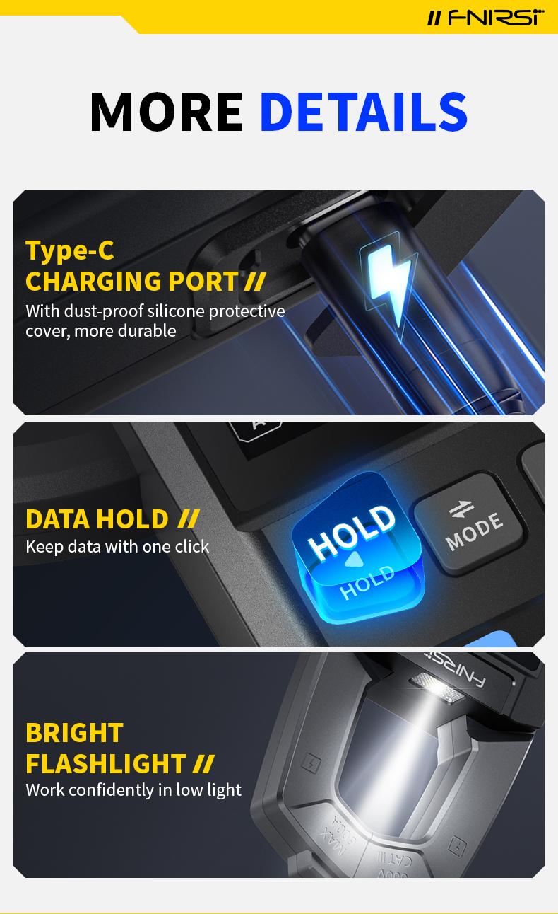 Product Introduction of FNIRSI DMC-100 DC AC Current Voltage Clamp Meter USB Charger 10000 Counts 600A Amperimetric Clamp Tester NCV Electrician Tools 13