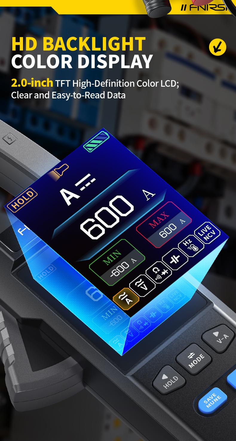 Product Introduction of FNIRSI DMC-100 DC AC Current Voltage Clamp Meter USB Charger 10000 Counts 600A Amperimetric Clamp Tester NCV Electrician Tools 4