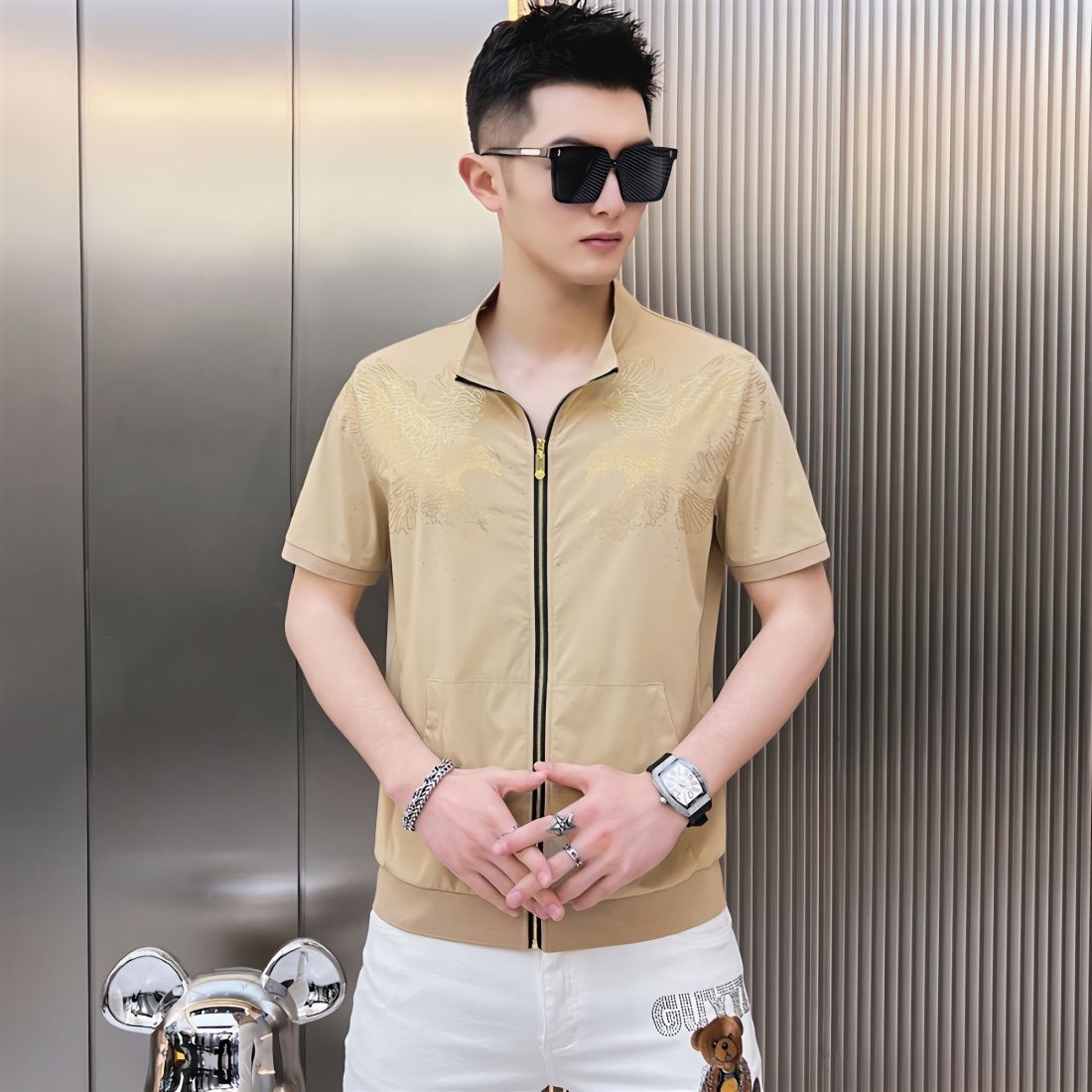 New 2025 new style stand collar cardigan printed men's short sleeve