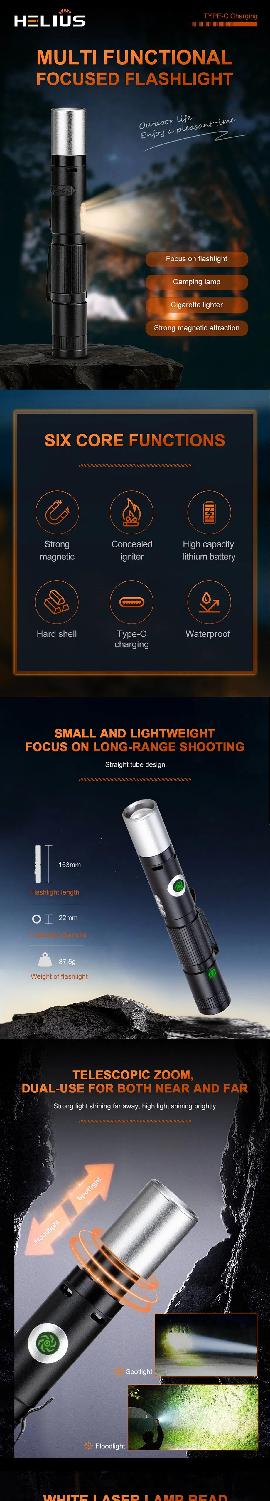 Helius Arc Cigarette Lighter Magnets Zoomable Linterna USB Rechargeable Lantern White LED Torch Light Tactical Flashlight