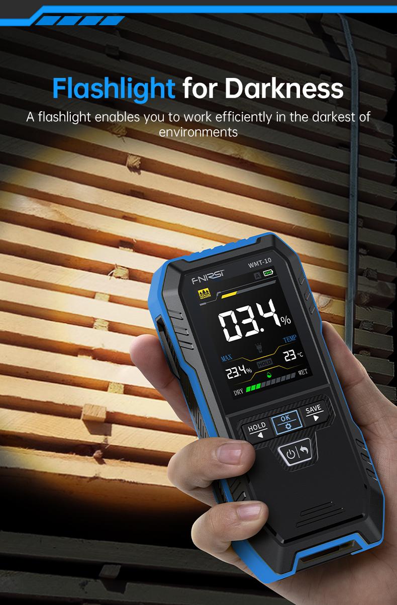 FNIRSI WMT-10 Rechargable Wood Moisture Meter Pinless 4-in-1 Detector with 2.4-inch Color Screen & 1000mAh Battery for Home & Building Use