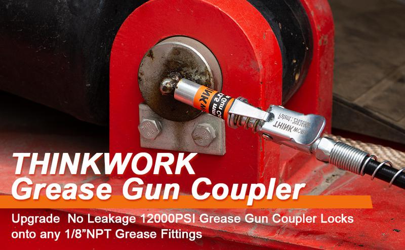 Product Introduction of 【Mother's Day】THINKWORK Grease Machine Coupler Set, Strong Lock on Greases Machine Couplers with 90&deg; Grease Coupler Adaptor,12000 PSI Quick Release Grease Coupler Compatible with All Grease 1/8" NPT Grease Fitting 3