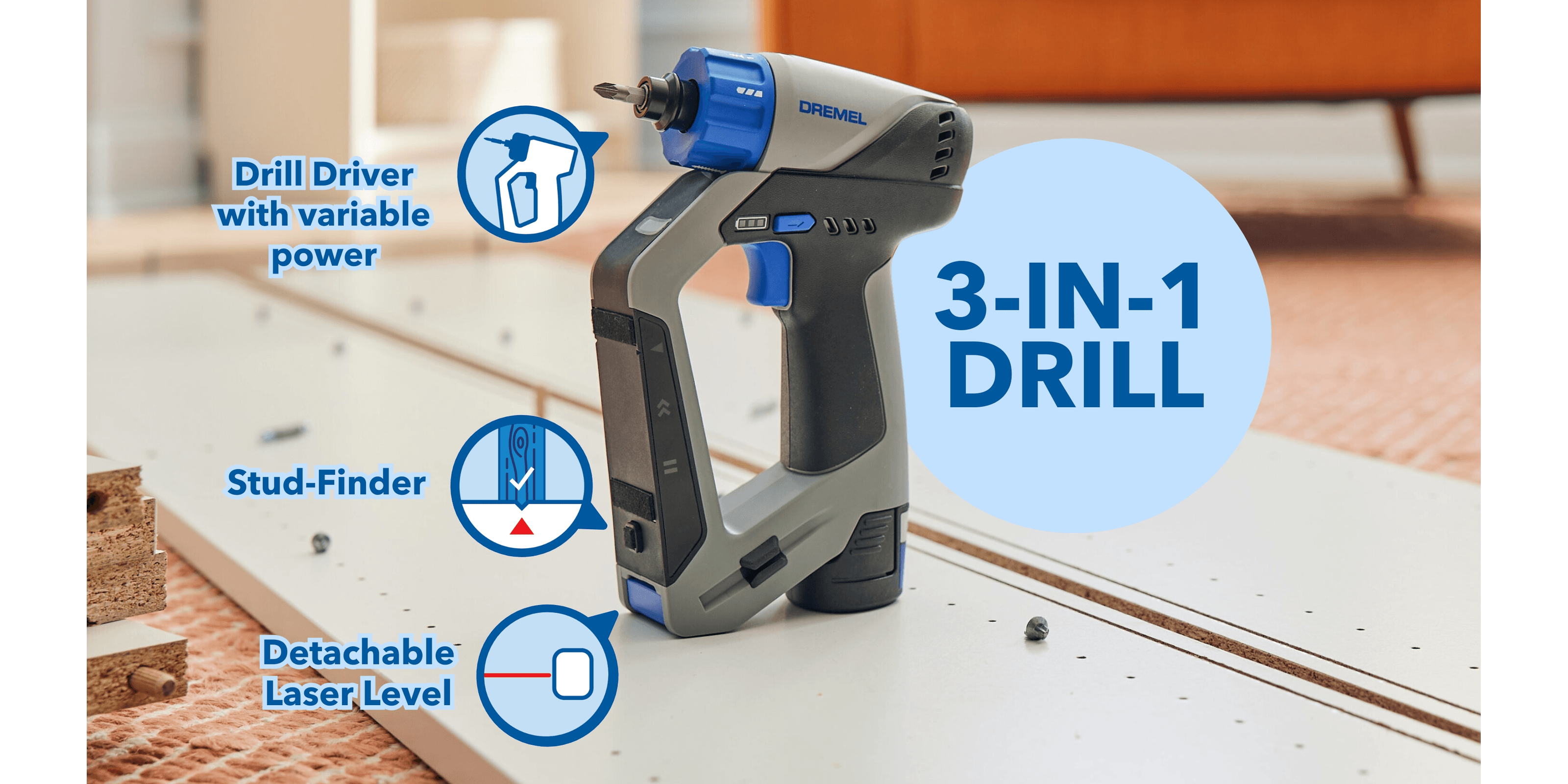 3-in-1 drill with integrated stud finder and removable laser leveler