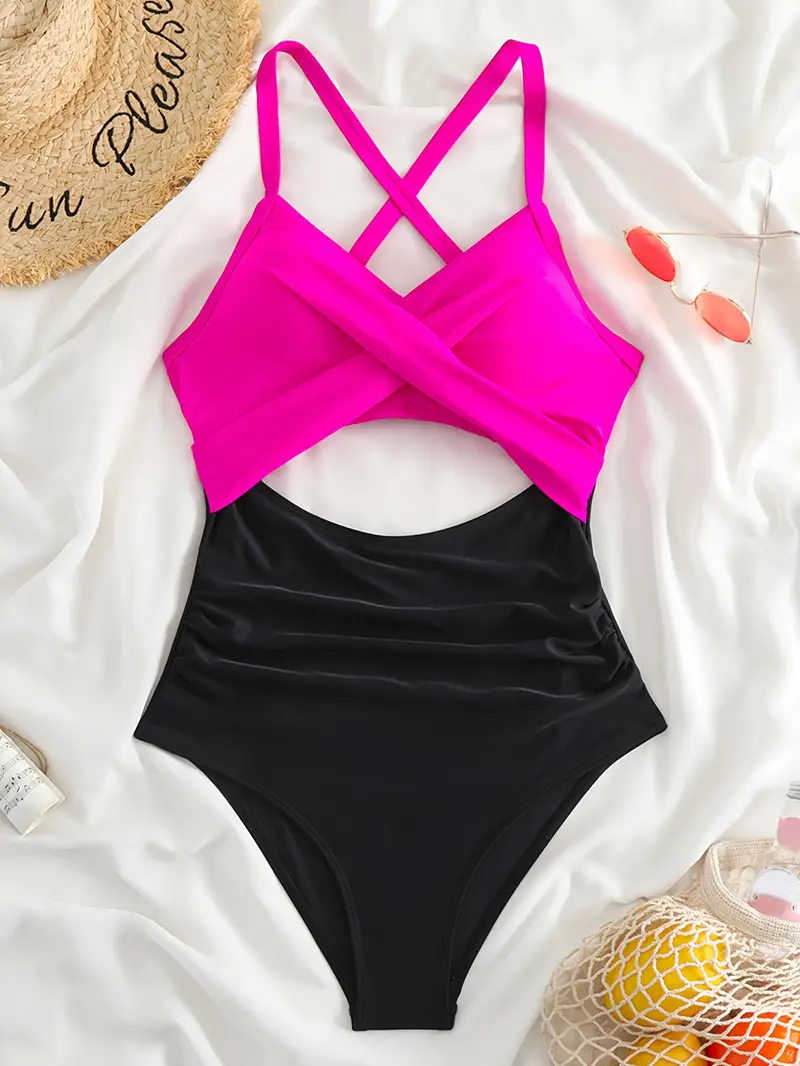 color block twist cut out stretchy   swimsuit tie back criss cross ruched tummy control bathing suits womens swimwear clothing valentines day details 8