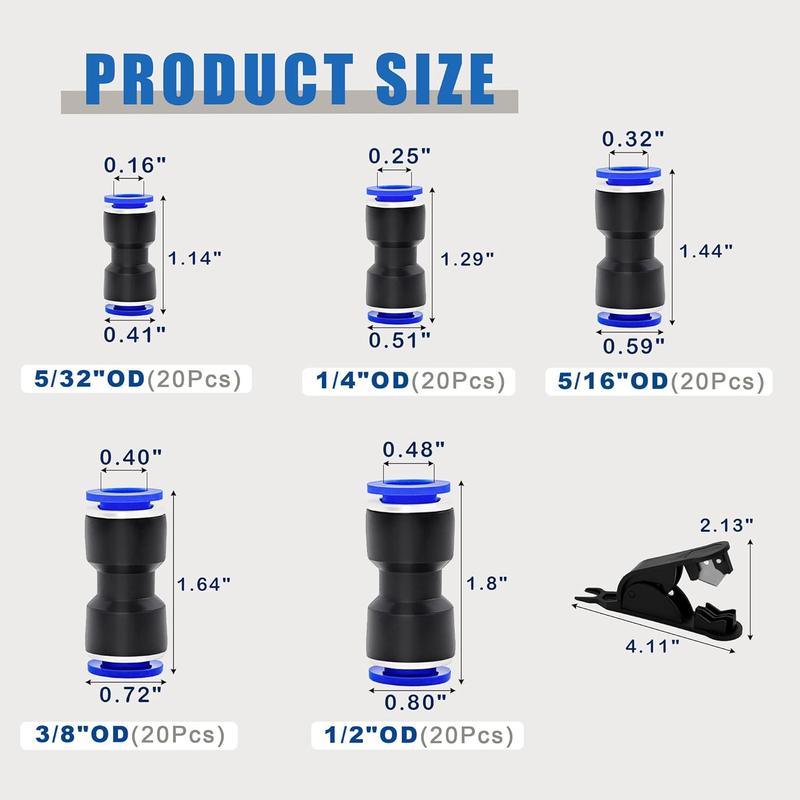 100 count Push to Connect Fittings Pneumatic Air Line 4 6 8 10 12 mm Straight Push to Link Quick Release Connectors with 1 count Tube