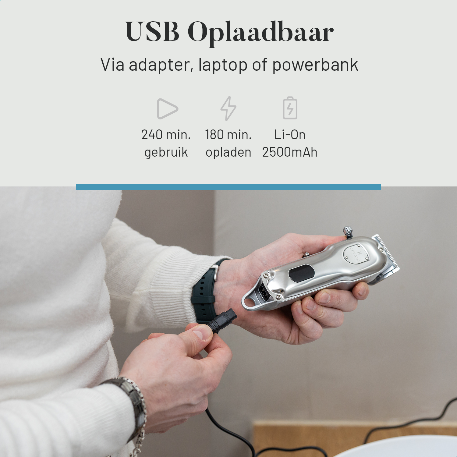 Revahs Clipper One draadloze haartondeuse met 240 minuten gebruikstijd op een volle lading voor langdurige prestaties.