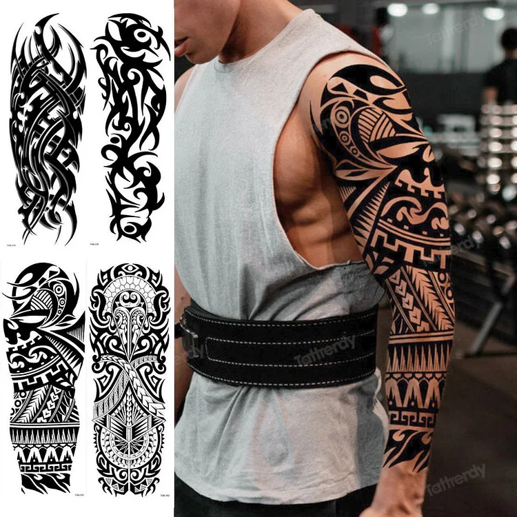 4 Sheets Full Arm Maori Totem Sleeve Black Cool 170mm * 480mm Waterproof Temporary Tattoo
