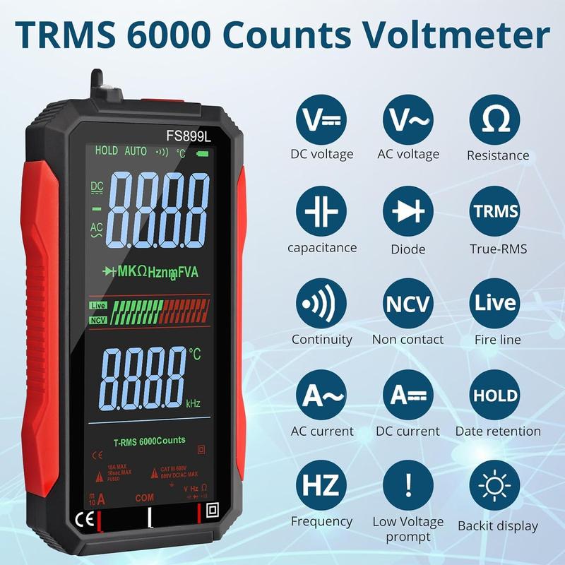 USB Rechargeable 6000 Counts Digital Smart Multimeter Auto-Ranging with Large Display Capacitance Ac/Dc Voltmeter Resistance NCV Temperature Continuity Diode Live Check Electric Tester Tool