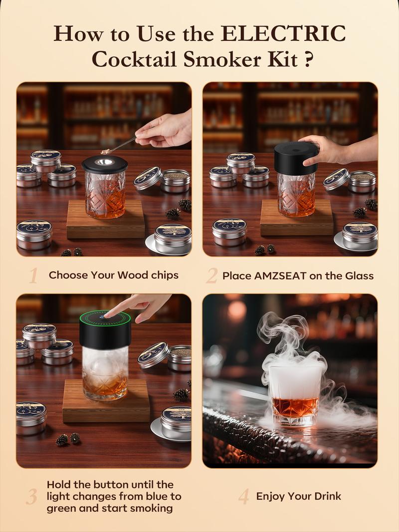 Amzseat Electric Whiskey Smoker Kit Built-in Lighter, No Butane Needed, Rechargeable Cocktail Smoker Kit with 6 Wood Chips,Fashioned Drink Smoker Kit, Bourbon Whiskey Gifts for Men,Dad,Husband Bakeware Wooden