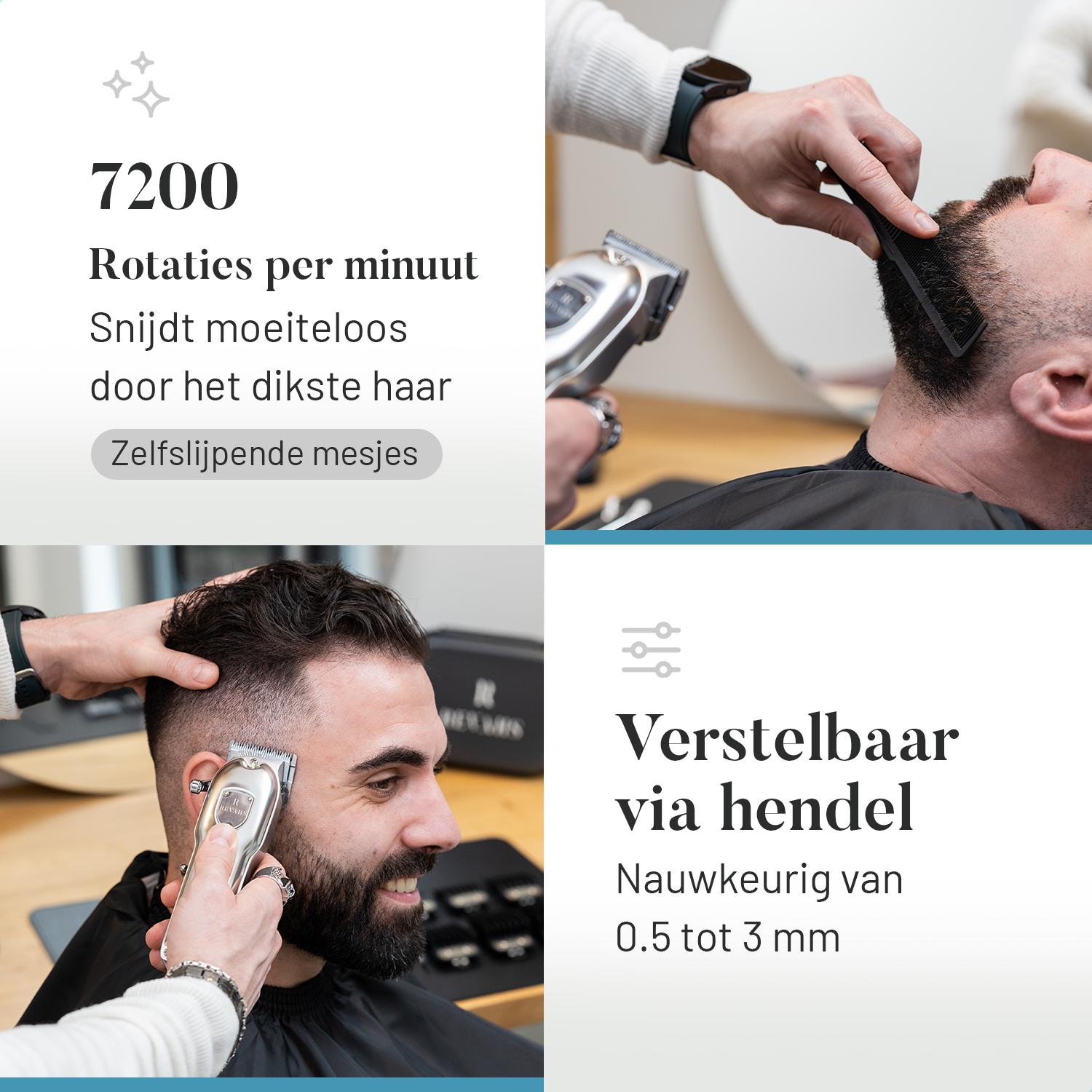 Revahs Clipper One haartondeuse met 7200 rpm snelheid en instelbare lengte-instellingen van 0.5 tot 3.5 mm voor nauwkeurige haarsnit.