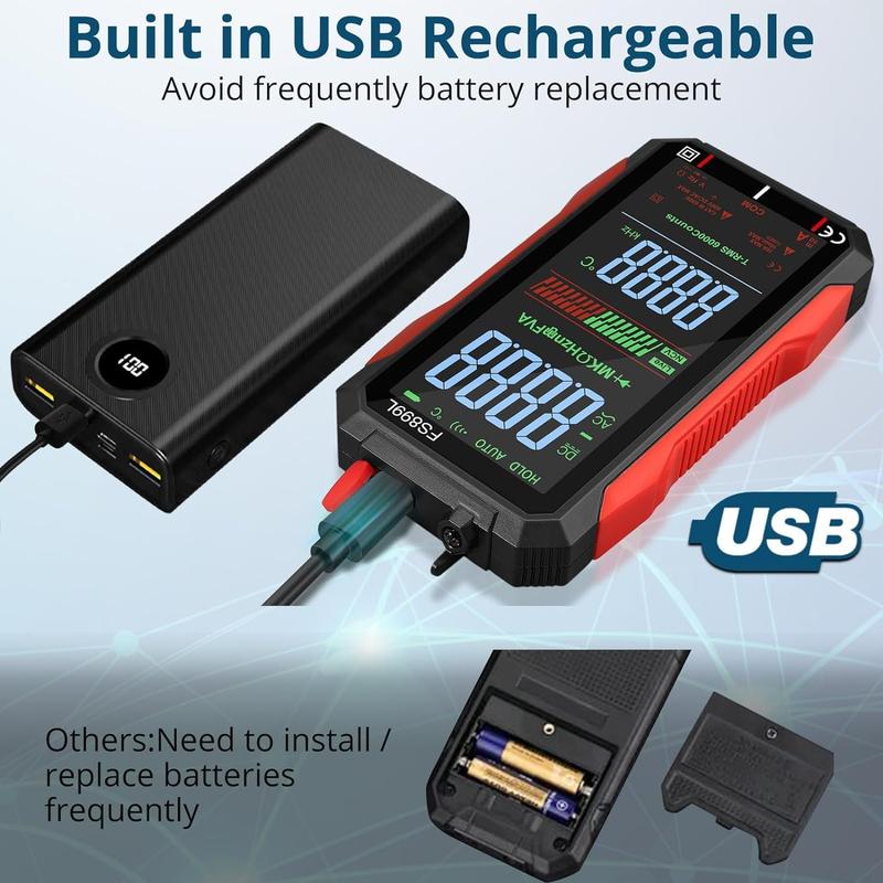 USB Rechargeable 6000 Counts Digital Smart Multimeter Auto-Ranging with Large Display Capacitance Ac/Dc Voltmeter Resistance NCV Temperature Continuity Diode Live Check Electric Tester Tool