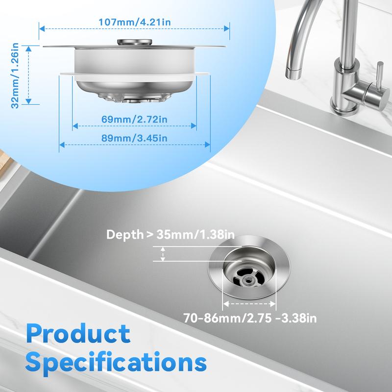 JOMST 3-in-1 Kitchen Sink Drain Strainer, Stainless Steel Sink Plug, Deodorizing Anti-Clog Basket Strainer 
