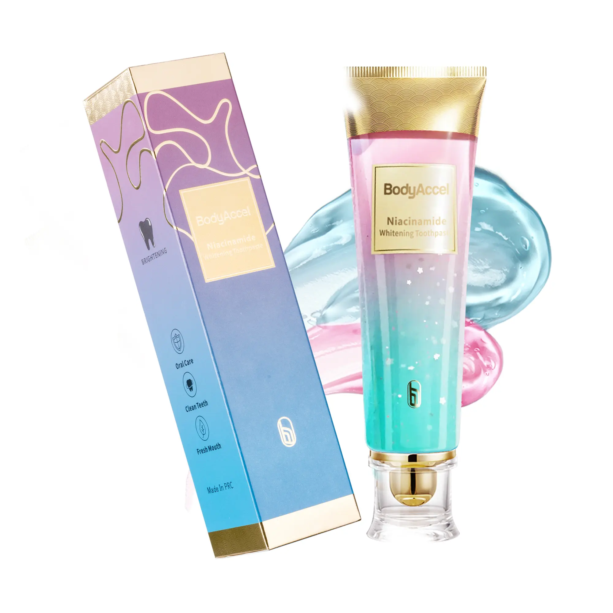 Bodyaccel Toothpaste's newest fast-acting whitening formula - derived from natural peach extract - niacinamide!