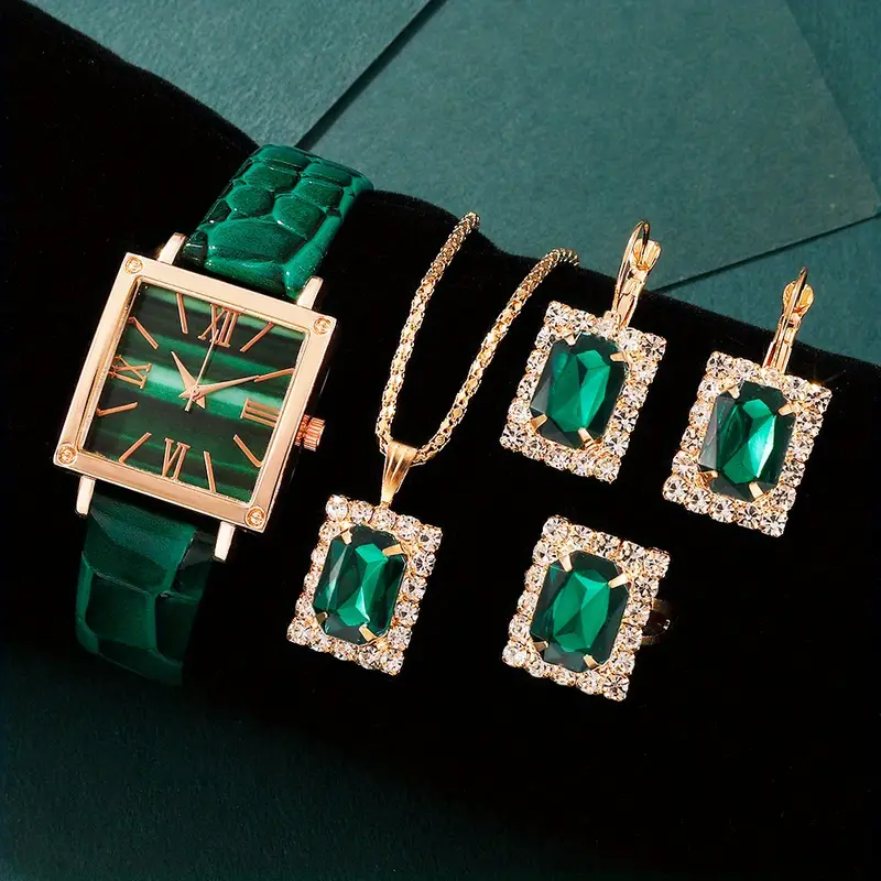 5pcs set womens watch vintage square pointer quartz watch analog green wrist watch rhinestone jewelry set gift for mom her details 3