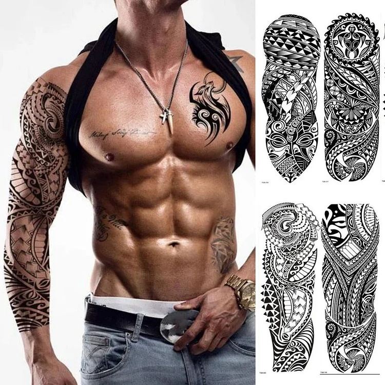 4 Sheets Full Arm Maori Totem Sleeve Black Cool 170mm * 480mm Waterproof Temporary Tattoo