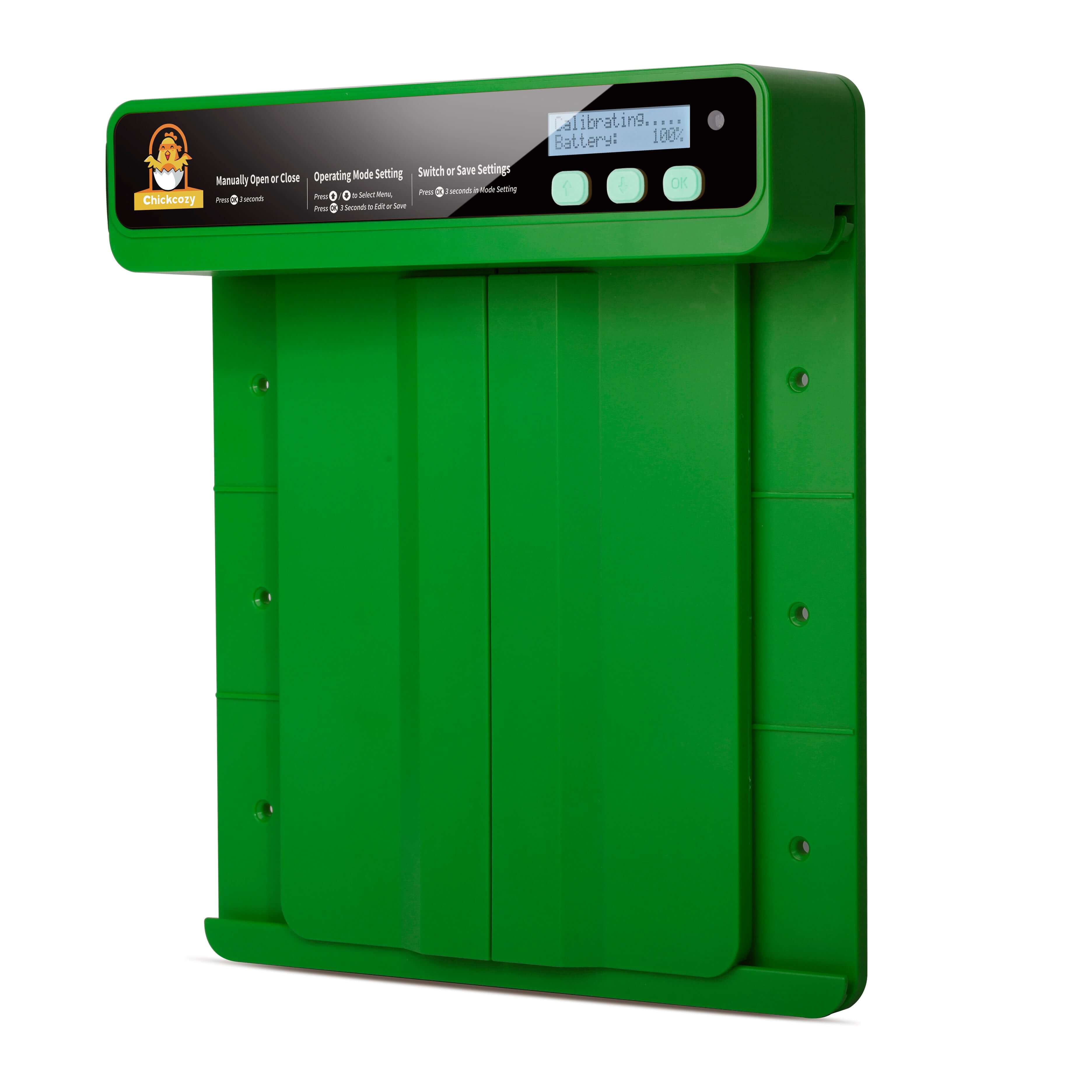 Chickcozy Automatic chicken coop door with screen display in green