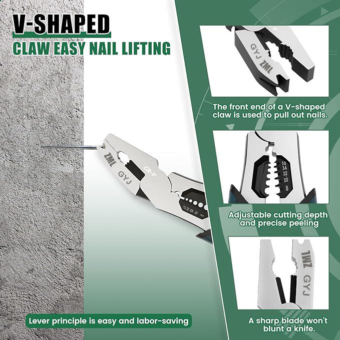 ZML 6-in-1 Multi-Function Wire Stripper Pliers Powerful cutting capability CR-V multi-function nail-pulling structure Chromium-vanadium steel construction Suitable for nails, iron wire, electrical wires, and cables