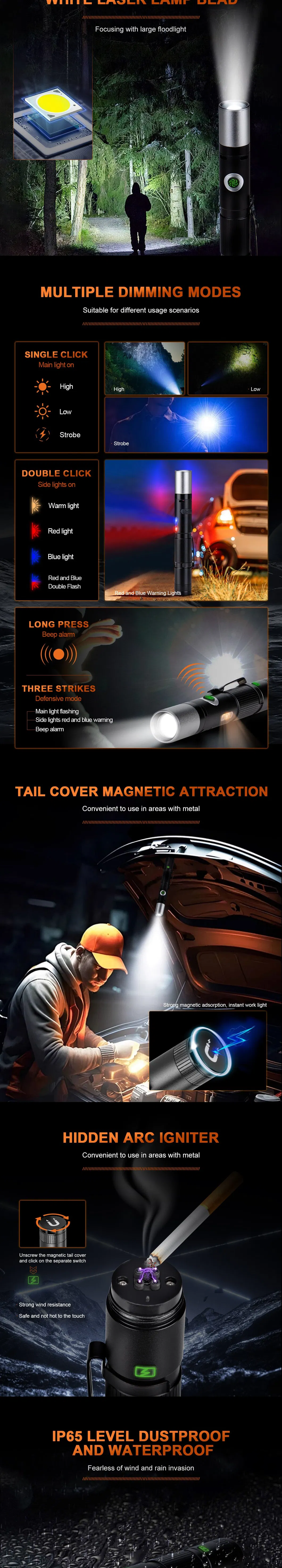 Helius Arc Cigarette Lighter Magnets Zoomable Linterna USB Rechargeable Lantern White LED Torch Light Tactical Flashlight