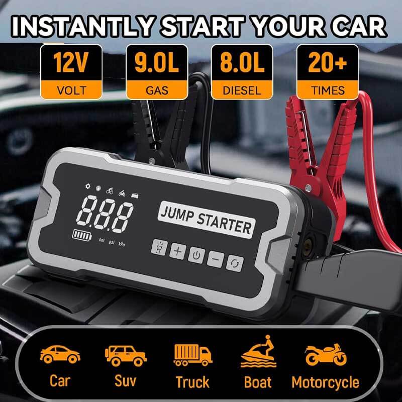 Our jump start power supplies are suitable for a variety of 12V battery vehicles including cars, motorcycles, RVs, ATVs, SUVs, tractors and boats. The high-power battery lasts for you.