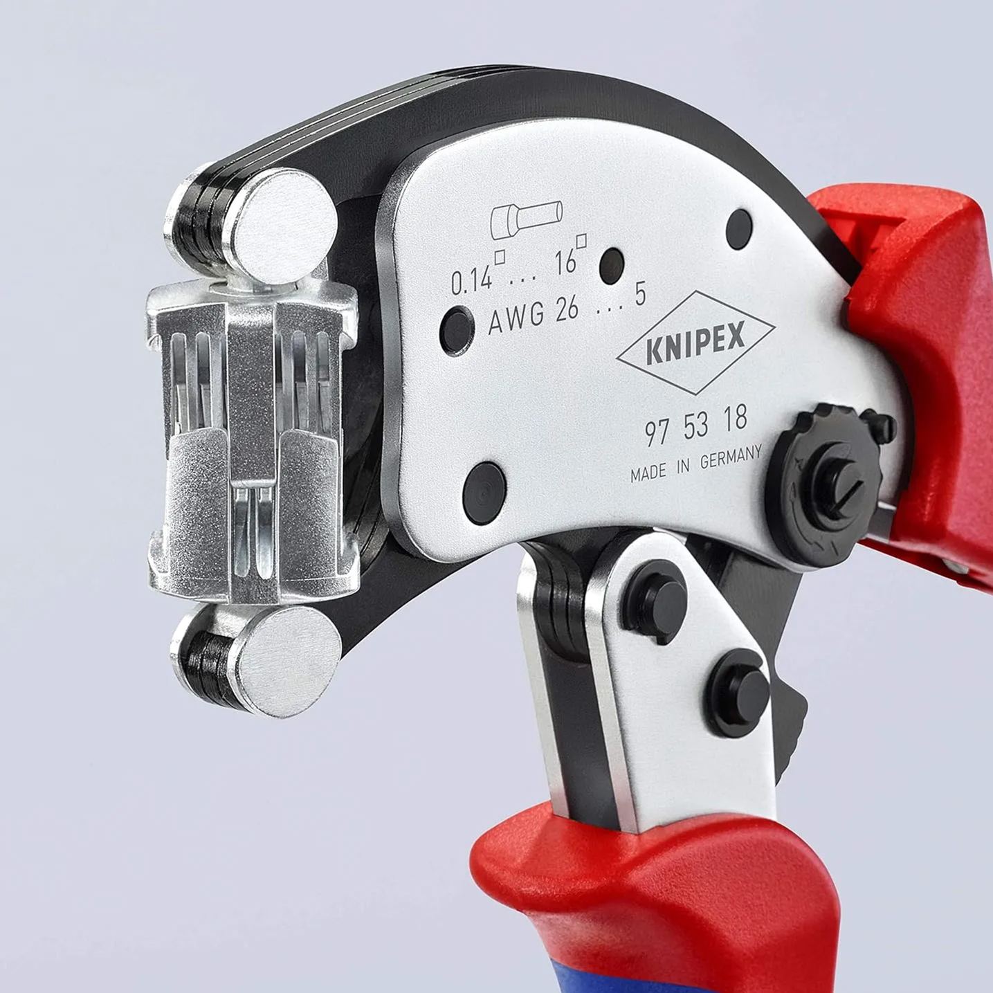  KNIPEX Twistor®16 Crimping head can be rotated 360°, with 8 locking positions.