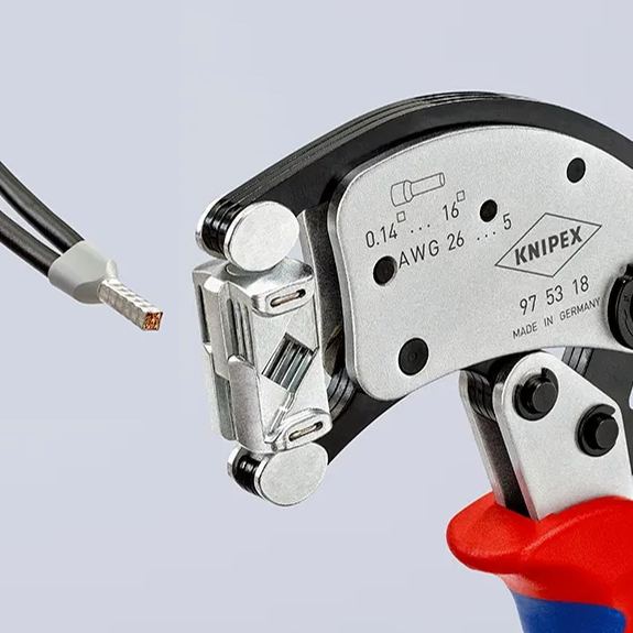  KNIPEX Twistor®16 Crimping head can be rotated 360°, with 8 locking positions.