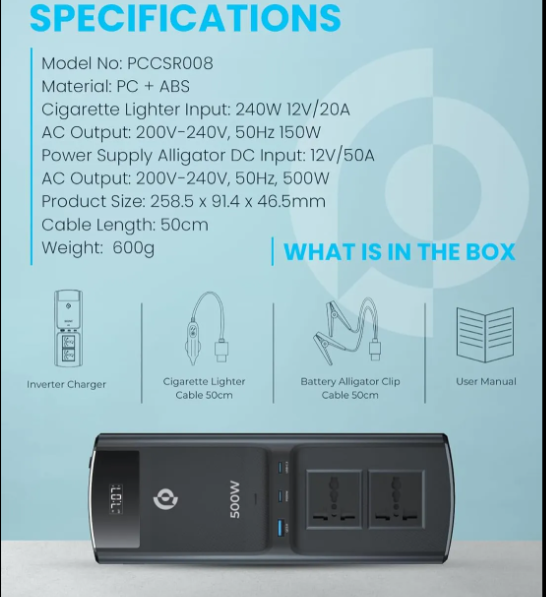 500W Practical Multi-Port Car Inverter with Dual USB-C Output, Useful for Indoor and Outdoor