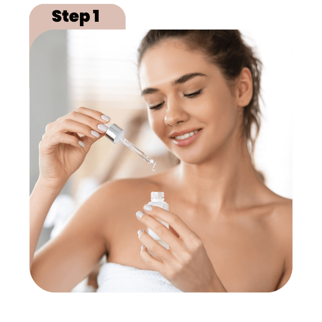 How to use the RayJuvenate Wand step 1 - apply a few drops of serum to enhance the results and enable RayJuvenate to glide easily.