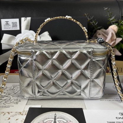 Chanel 23K Silver Camellia Handle Box Bag