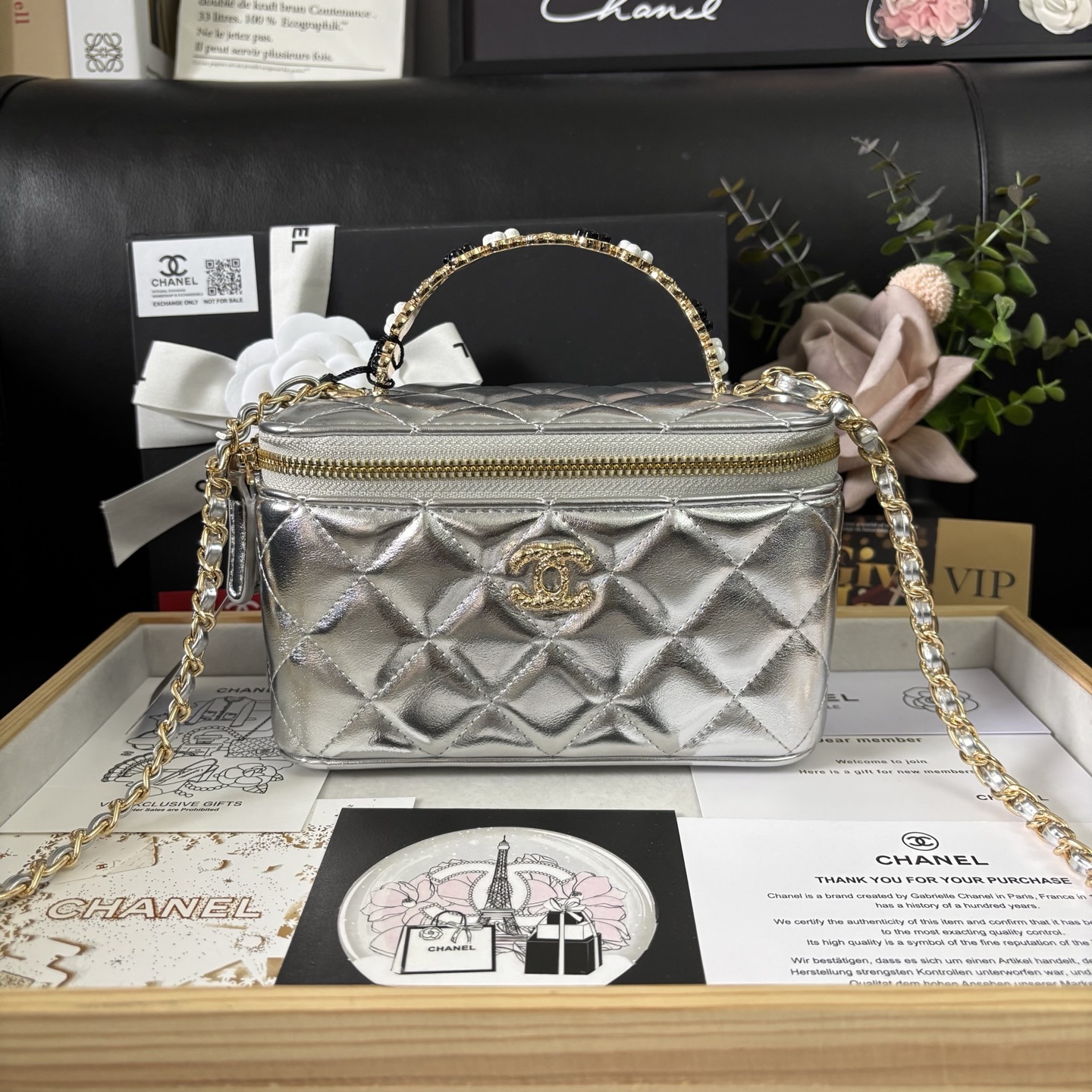 Chanel 23K Silver Camellia Handle Box Bag