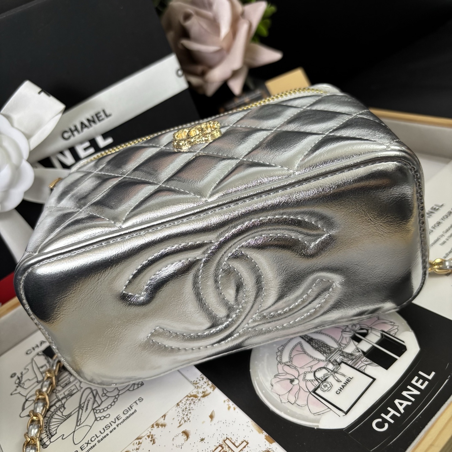 Chanel 23K Silver Camellia Handle Box Bag
