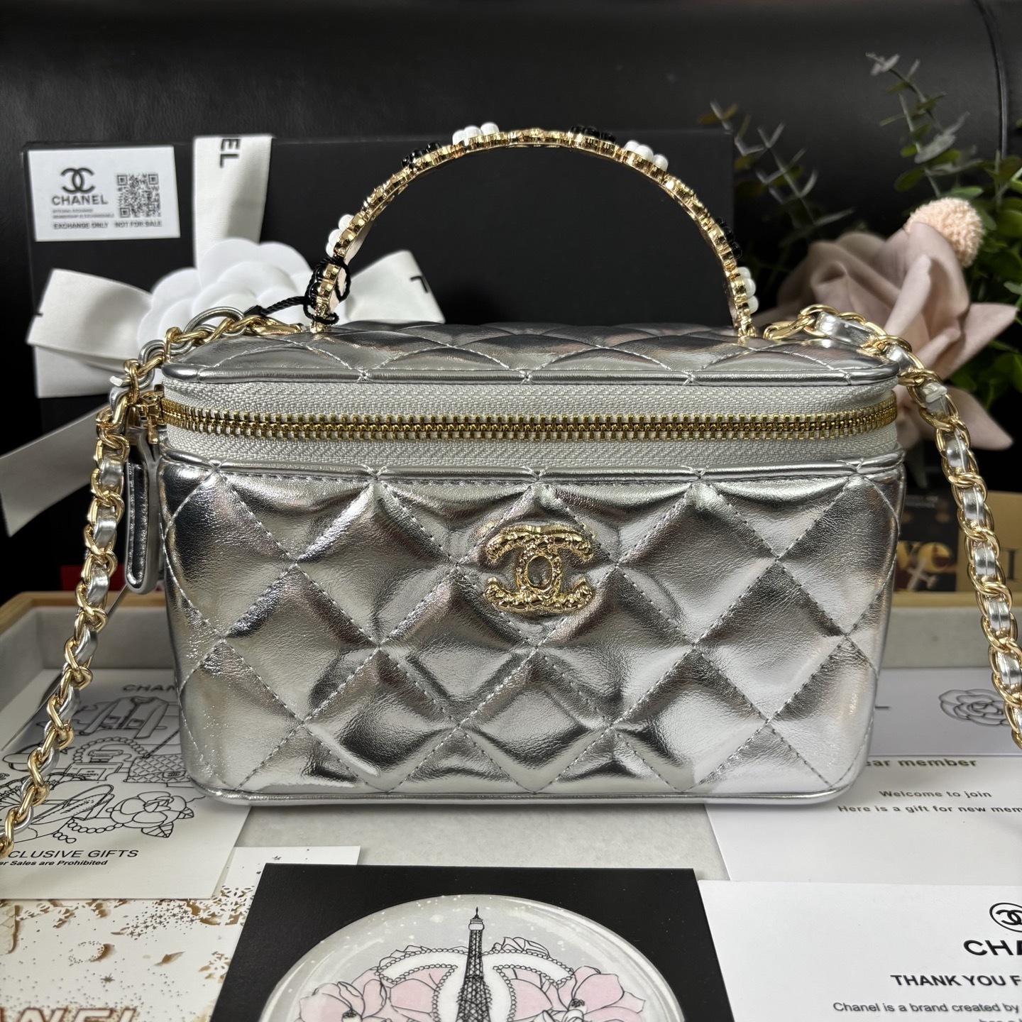 Chanel 23K Silver Camellia Handle Box Bag